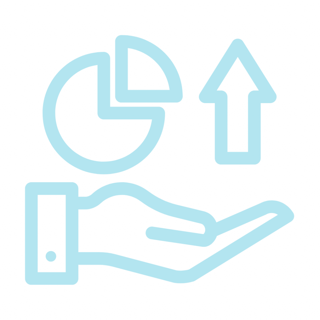 Light blue hand holding a pie chart segment and an upward arrow.