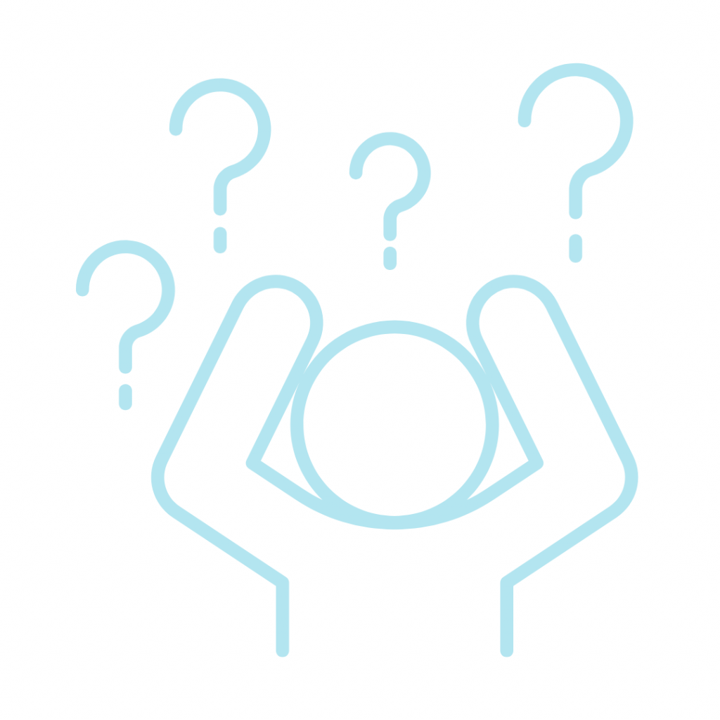 Light blue hands holding a circle with question marks above.