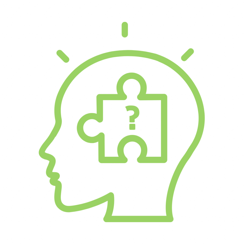 Green graphic illustrating a problem to be solved or a question to be answered within the mind.