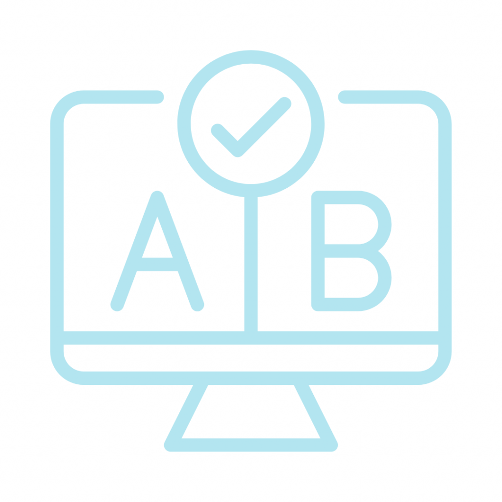 Light blue computer monitor displaying "A" and "B" with a checkmark circle above the "A".