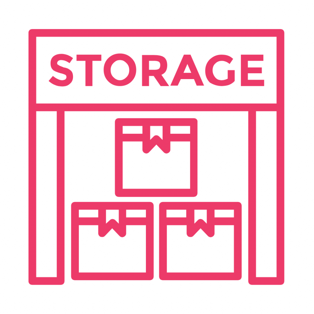 A hot pink line-art icon shows a storage unit with "STORAGE" written above three stacked boxes. One box is at the top center, and two are below it.