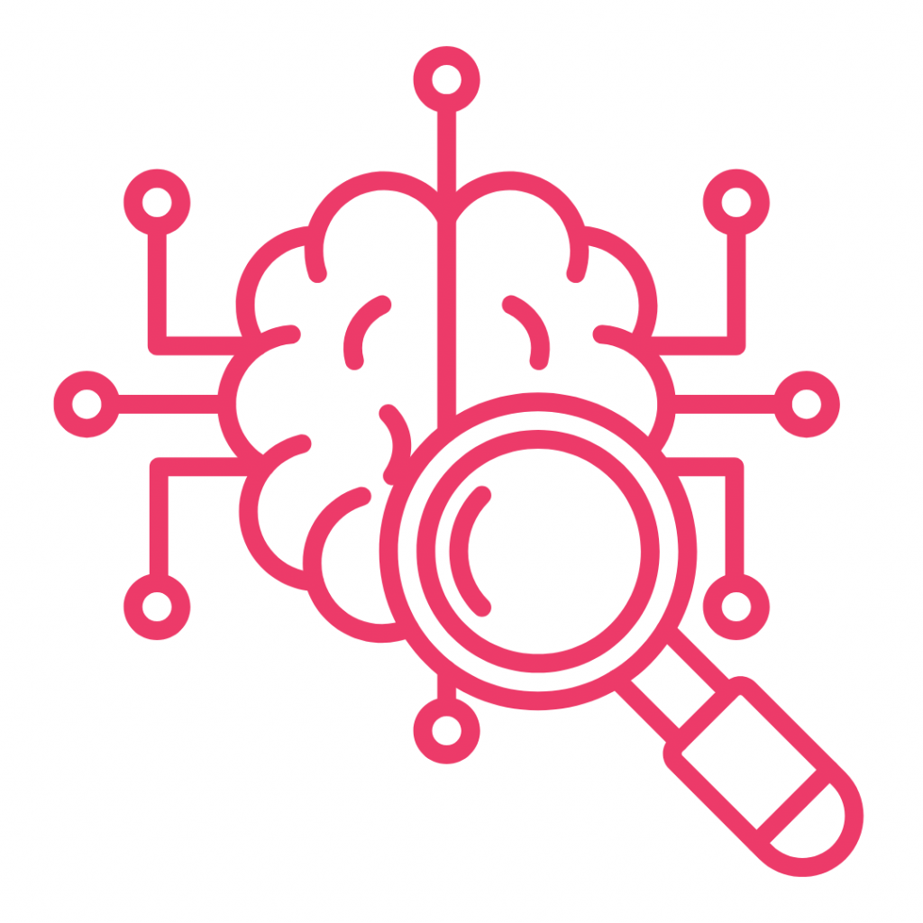 A hot pink line-art icon shows a human brain with several connected nodes extending outwards, resembling a circuit board. A magnifying glass is positioned over the lower right part of the brain.