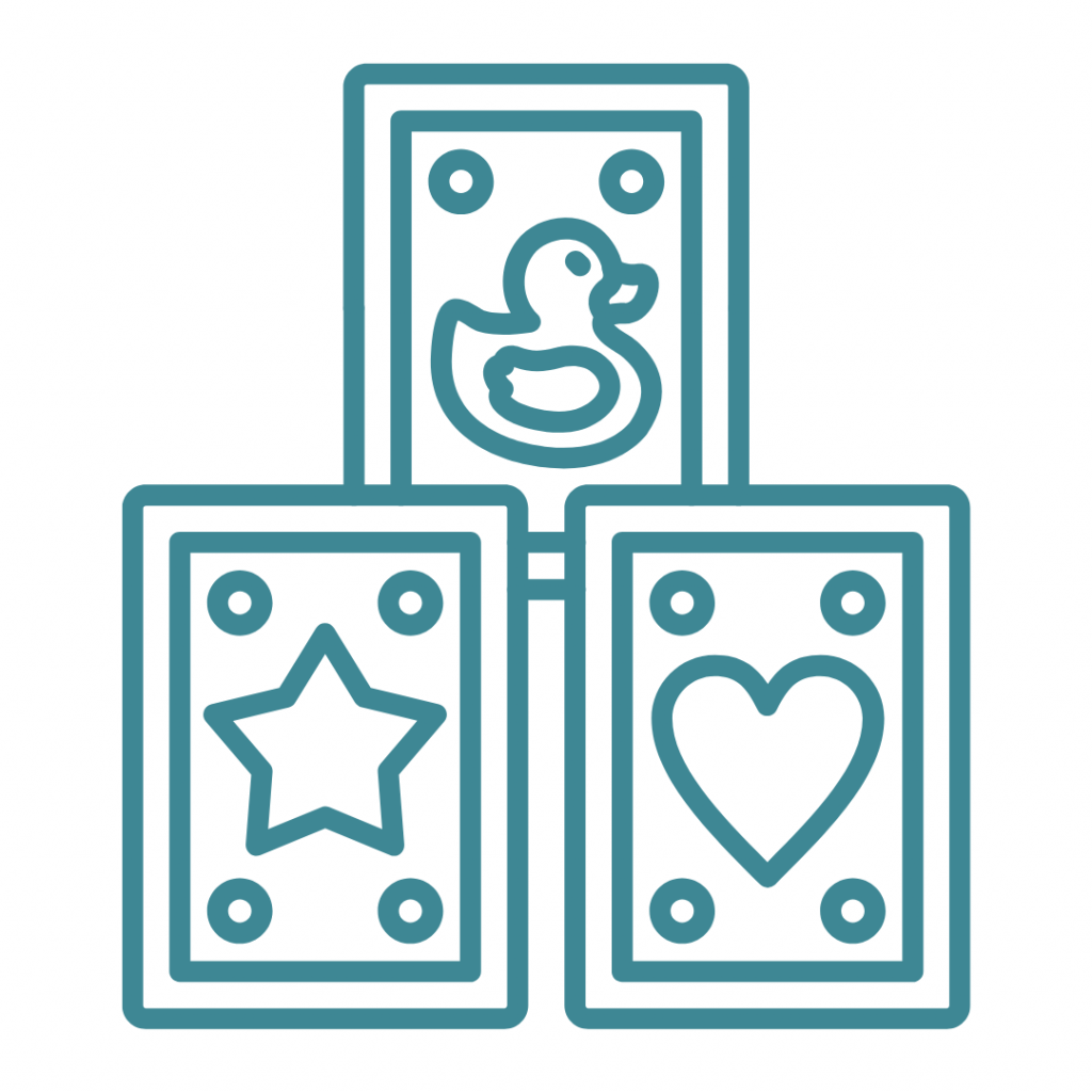 A teal line drawing depicts three baby blocks stacked in a pyramid shape. The top block shows a rubber duck. The bottom left block shows a five-pointed star. The bottom right block shows a heart. Each block also has four small circles, one in each corner.
