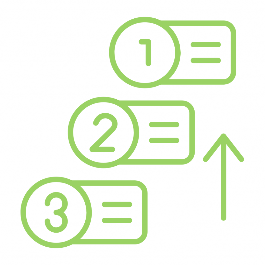 A lime green line-art icon shows three numbered steps, each with a corresponding horizontal line to its right, symbolizing a list or task. An upward-pointing arrow is positioned to the right of the steps, indicating progression or ascent.