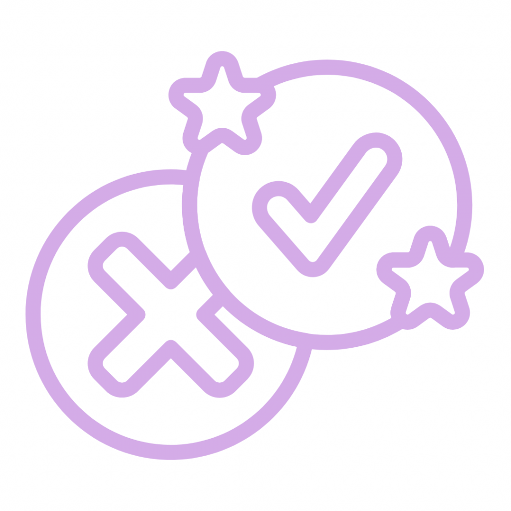 A light purple line-art icon features two overlapping circles. The circle on the left contains a large 'X' mark. The circle on the right contains a checkmark, with two small stars near its border: one at the top right and one at the bottom right.