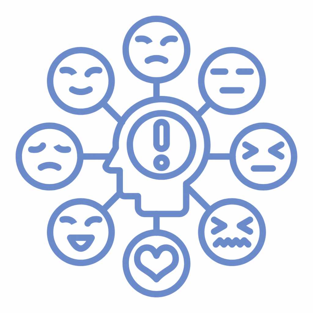A light blue line-art illustration shows a central profile of a human head with an exclamation mark inside, symbolizing thought or self-awareness. Surrounding the head in a circular pattern are six different emoji-style faces connected by lines to the central head, representing various emotions. Starting from the top and moving clockwise, the emotions depicted are: a frowning face, a neutral face, an angry face, a wincing or distressed face, a heart, and a happy face. Below the central head, a single line connects to a heart icon, also representing an emotion or feeling. The overall image suggests checking in with one's emotions or a range of feelings connected to one's thoughts.