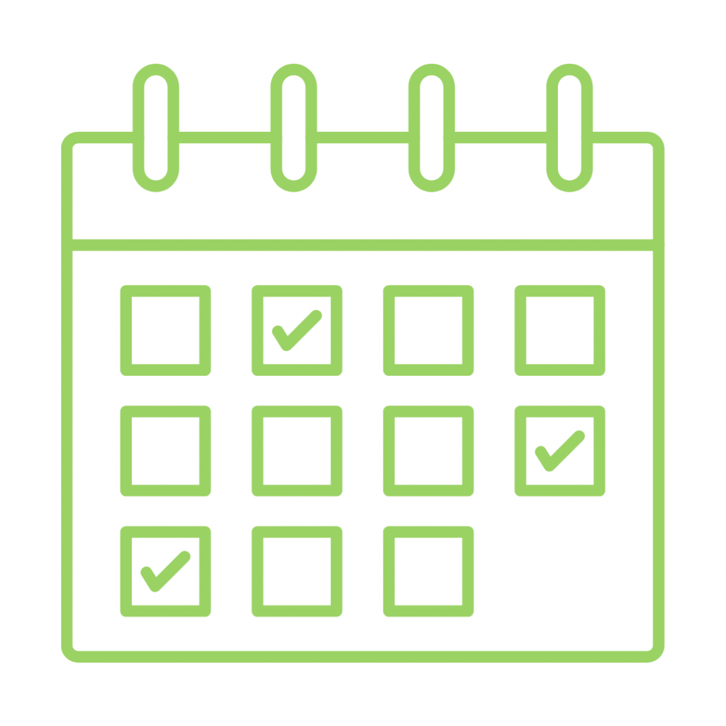 A lime green line-art icon shows a calendar with twelve square date boxes arranged in three rows and four columns. Three of the squares contain a checkmark: one in the top row, one in the middle row, and one in the bottom row.