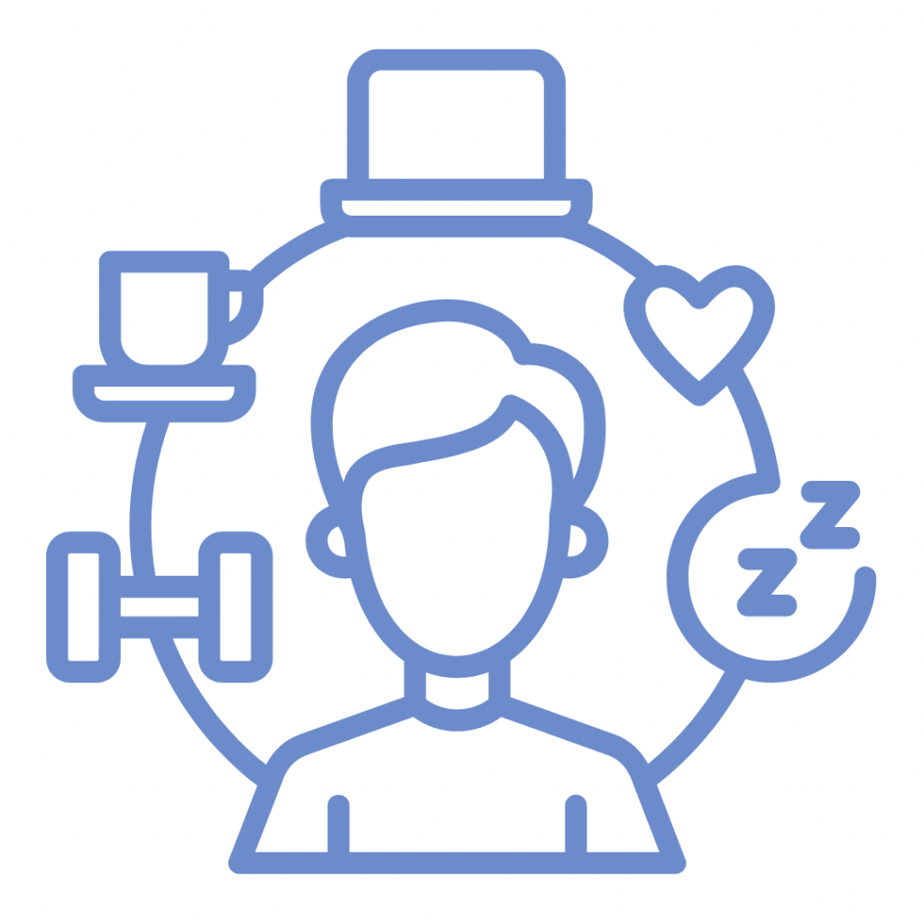 A light blue line-art illustration shows the bust of a person with short hair, facing forward. Encircling the person are various icons representing healthy routines: to the left, a dumbbell and a cup (possibly coffee or tea); to the top, a graduation cap; to the right, a heart and a sleeping 'Zz' symbol. The overall image suggests a holistic approach to well-being, encompassing physical activity, hydration, learning/mental stimulation, self-care/love, and rest.