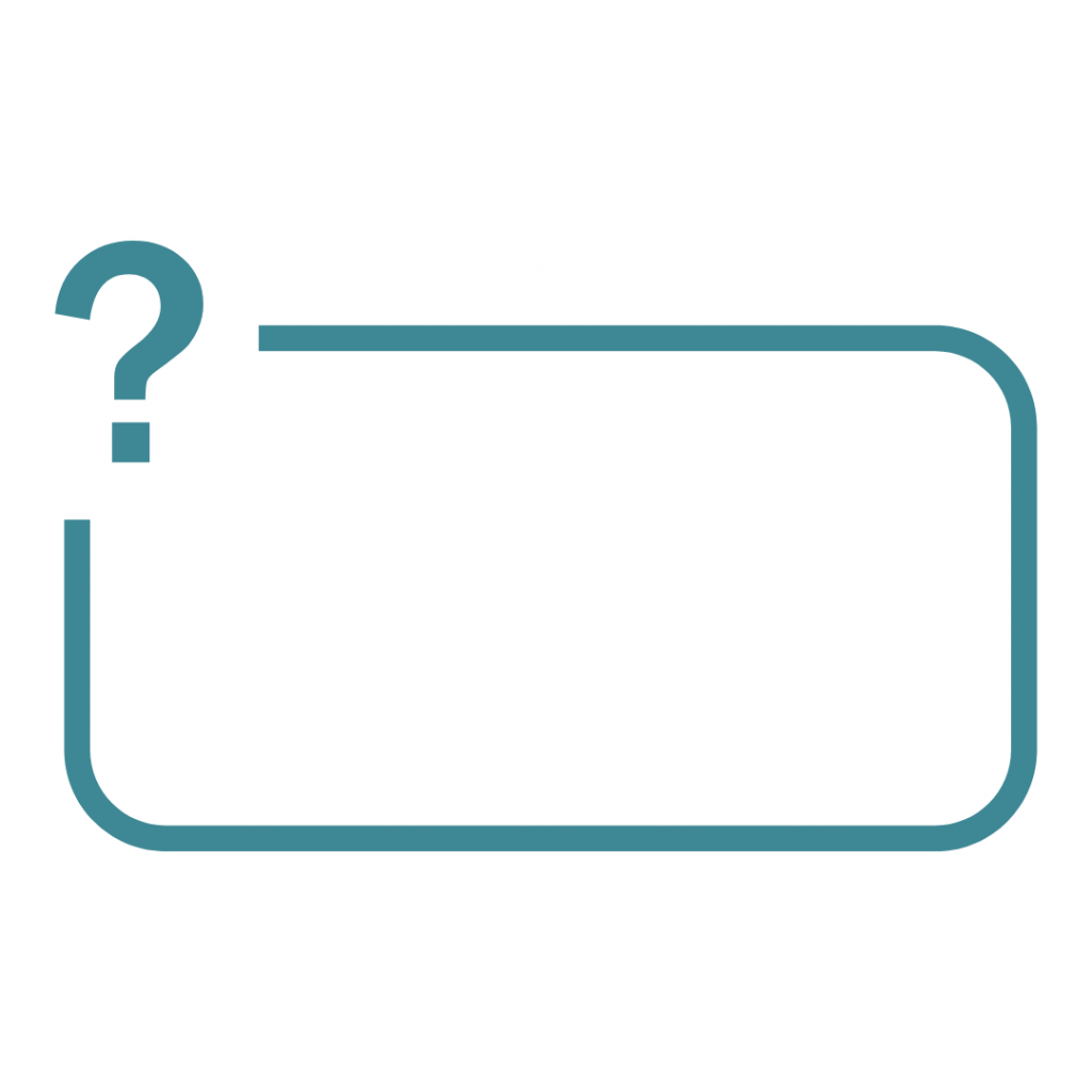 A teal line drawing depicts a question mark connected by a short dash to an empty, rounded rectangular outline.