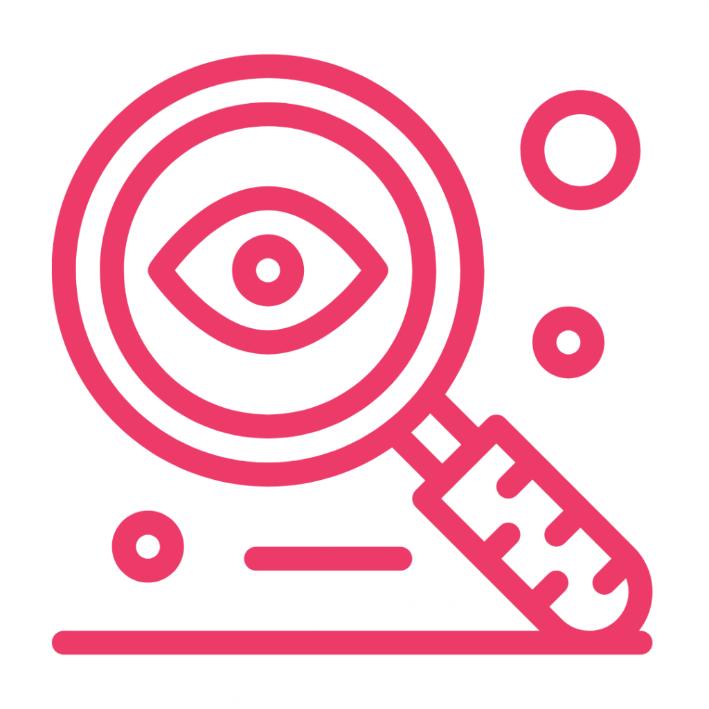 A hot pink line-art icon shows a magnifying glass with an eye centered within its lens. Around the magnifying glass, several circles and short lines are scattered, suggesting details or elements being observed.