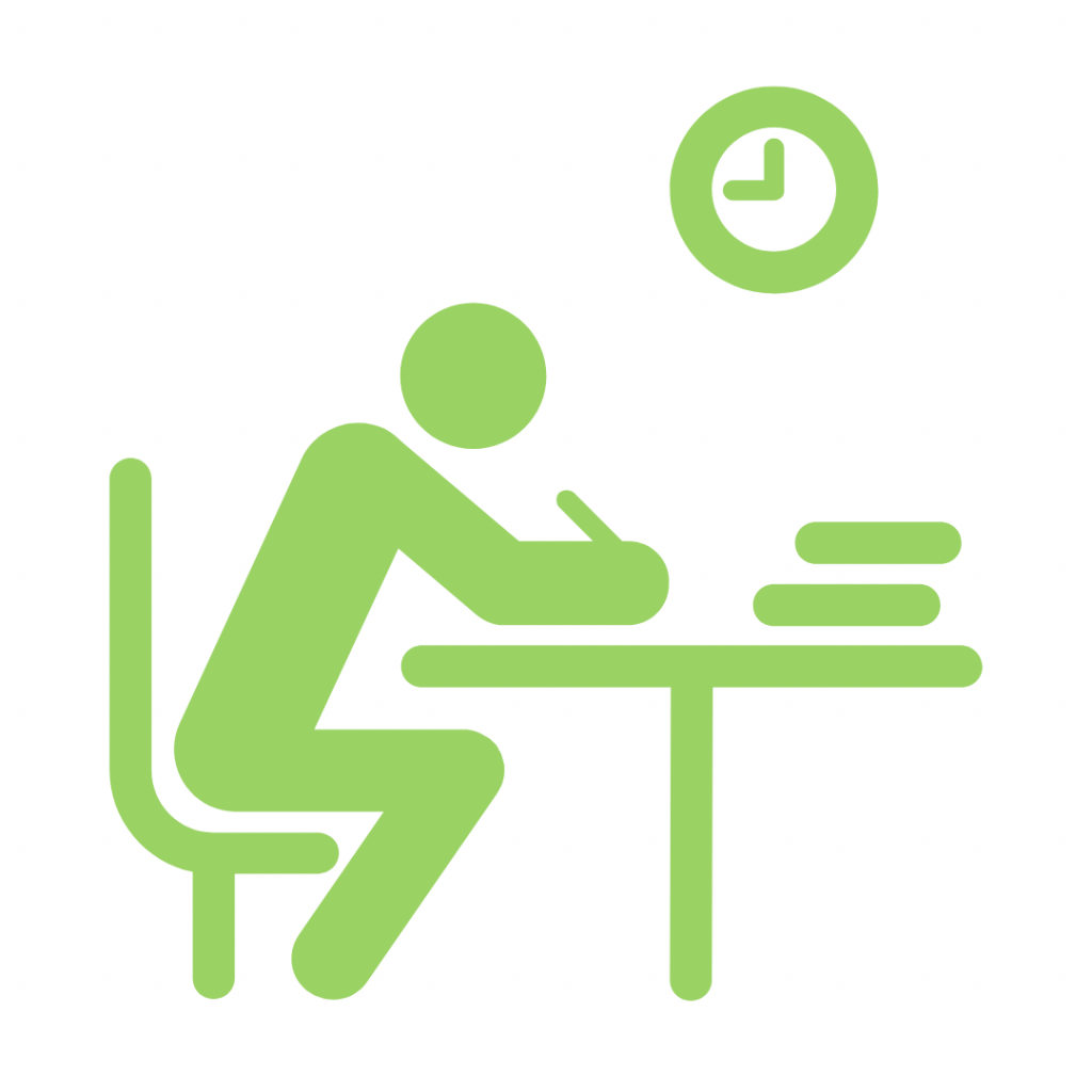 A lime green icon depicts a stick figure seated at a desk, writing. A stack of books is on the desk to the right of the figure, and a clock is displayed in the top right corner of the image.