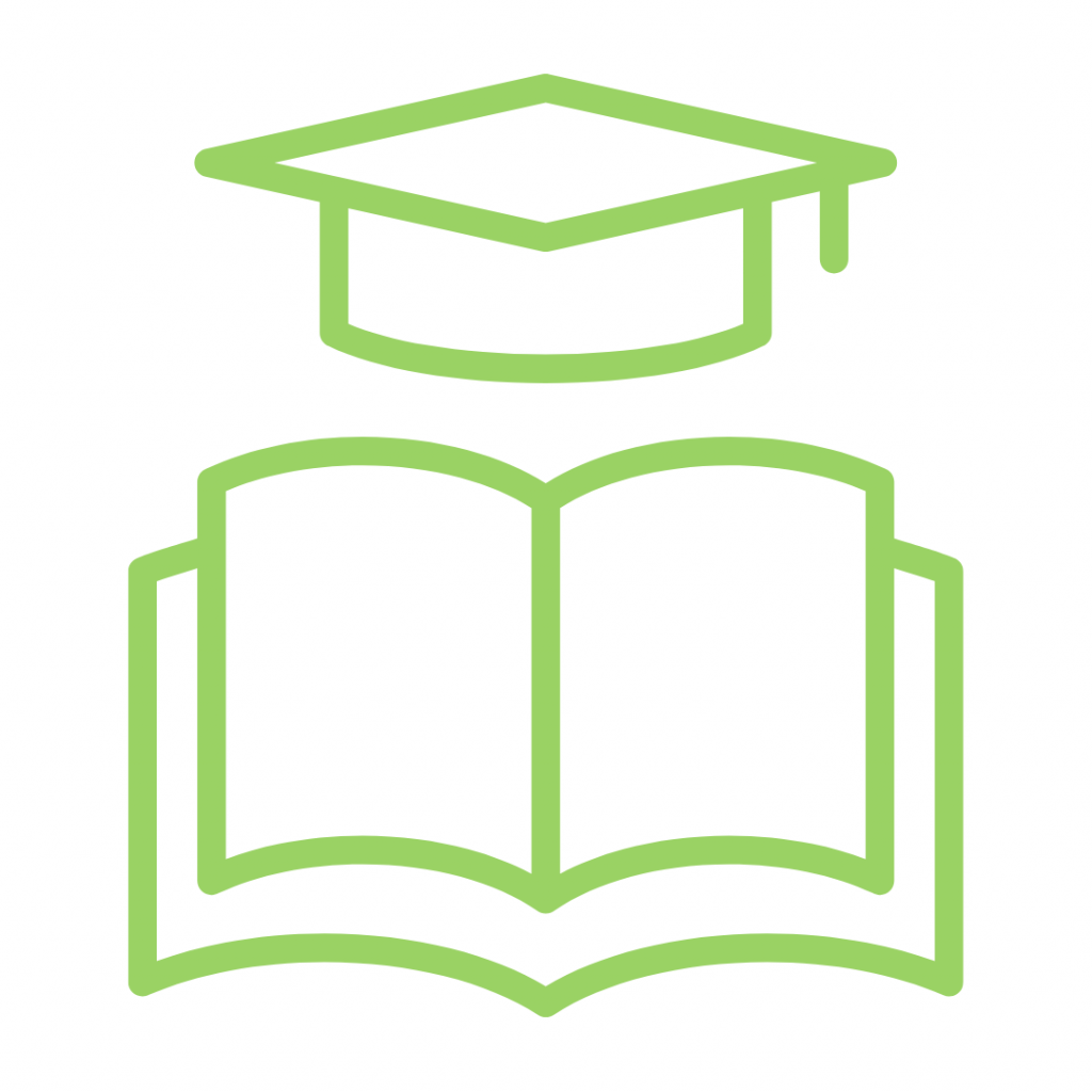 A lime green line-art icon shows an open book with blank pages, topped by a graduation cap with a tassel hanging to the right.