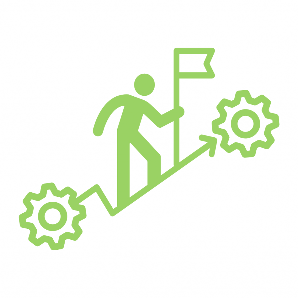 A lime green icon depicts a stick figure planting a flag on an upward sloping line graph. Two gears are positioned on the graph line: one at the bottom left and another at the top right, indicating progress or a mechanical process.