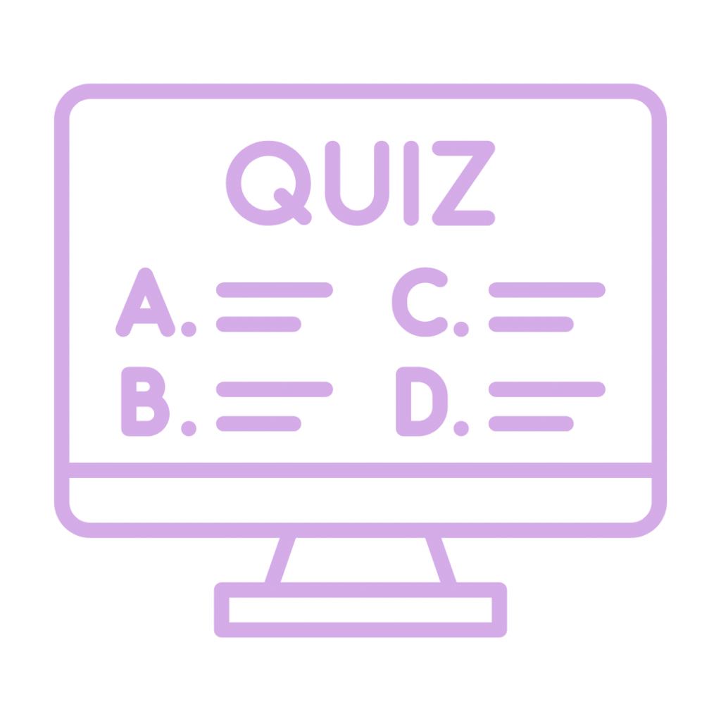 A light purple line-art icon shows a computer monitor displaying a multiple-choice quiz. The word "QUIZ" is at the top, and options "A.", "B.", "C.", and "D." are listed below, each with a blank line for an answer.