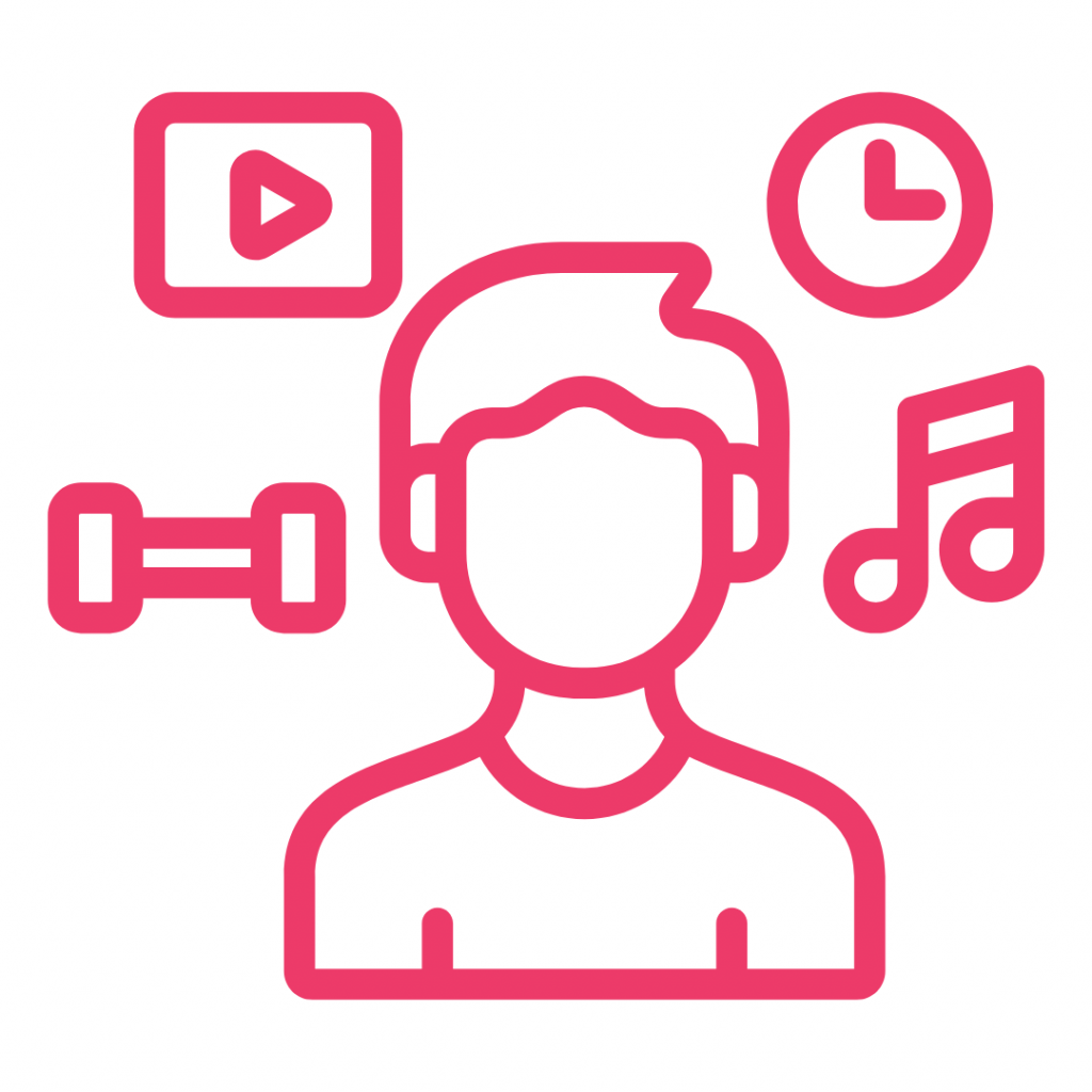 A hot pink line-art icon shows the bust of a person with various icons floating around their head. To the left are a dumbbell and a play button icon. To the right are a clock icon and a musical note icon.