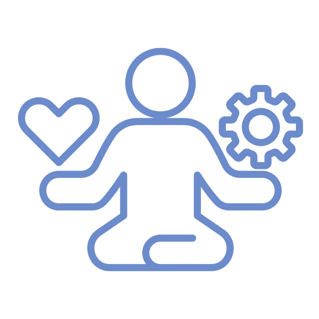 A light blue line-art illustration shows a stylized figure in a meditation pose, with legs crossed and arms resting on the knees. Above the figure's left hand (viewer's right) is a heart symbol. Above the figure's right hand (viewer's left) is a gear icon. The overall image represents the balance between emotional well-being (heart) and mental or cognitive processes (gear), suggesting a harmonious state or the integration of feelings and thoughts.