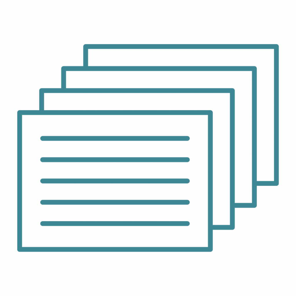 A teal line drawing shows three rectangular cards fanned out from right to left, with the front card showing five horizontal lines of text.