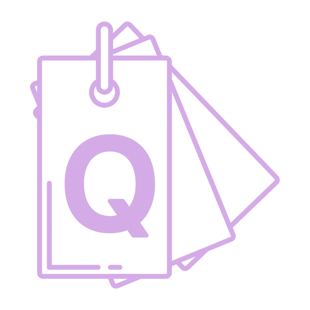 A light purple line-art icon shows a stack of three flashcards held together by a ring at the top. The front flashcard prominently displays a large letter "Q" on it.