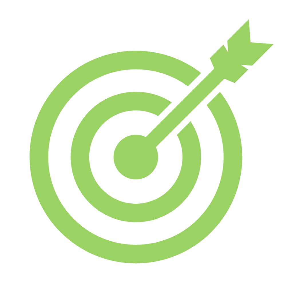A lime green icon depicts a target with a bullseye in the center, and an arrow piercing the target and bullseye from the top right, indicating a direct hit or goal achievement.