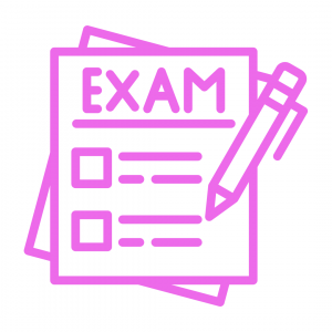 A pink line icon on a white background features a stack of papers, with the top paper displaying the word "EXAM" at the top. Below the word are two sections, each containing a square checkbox followed by horizontal lines. A pen rests diagonally across the right side of the paper, pointing downwards. This image symbolizes simulating mock exams.
