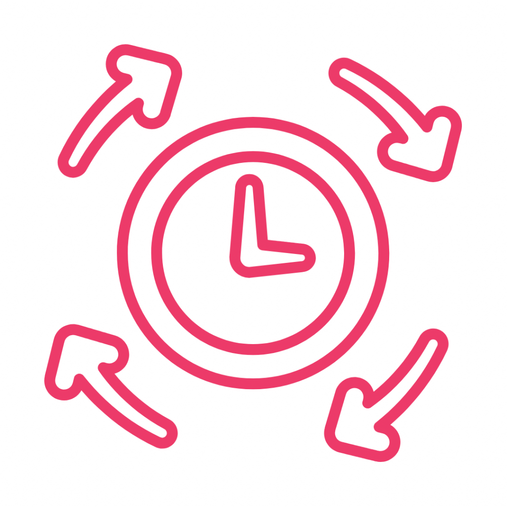 A hot pink line-art icon shows a clock face in the center, surrounded by four curved arrows pointing inwards towards the clock, suggesting repetition or cycles.