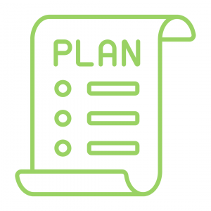A lime green line-art icon shows a scroll or piece of paper with the word "PLAN" at the top. Below "PLAN" are three bullet points with horizontal lines next to them, indicating a list or checkboxes.