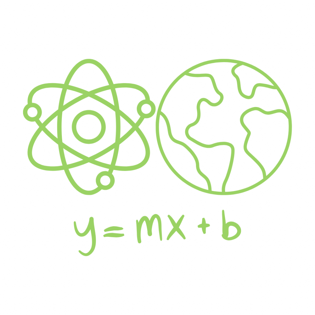 A lime green line-art icon shows an atom symbol to the left of a globe, with the equation y=mx+b written below them.
