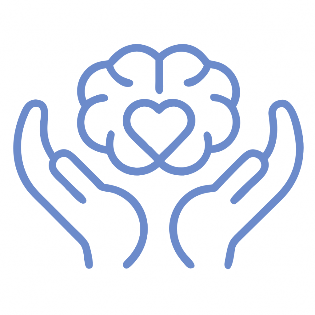 A light blue line-art illustration shows two hands cupped together, facing upwards. Resting within the cupped hands is a combined symbol: a stylized brain outline with a heart shape centrally placed within its convolutions. This image represents the concept of supporting or caring for both mental and emotional well-being.