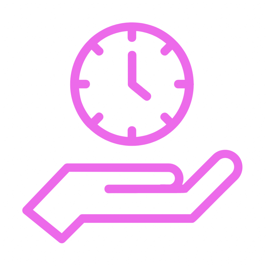 A pink line icon on a white background shows an open palm facing upwards, with a circular clock hovering above it. The clock has a minute hand pointing towards the '2' and an hour hand pointing towards the '4'. The image represents teaching time management.