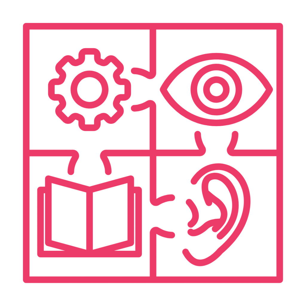 A hot pink line-art icon shows four puzzle pieces forming a square. Each piece contains a different symbol representing a sense or function: a gear, an eye, an open book, and an ear.