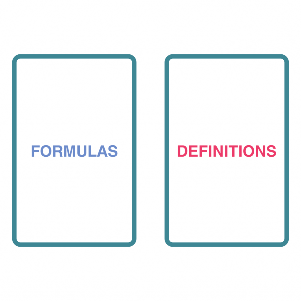 Two flashcards with teal borders are displayed on a white background. The flashcard on the left has "FORMULAS" written in light purple text, and the flashcard on the right has "DEFINITIONS" written in pink text.