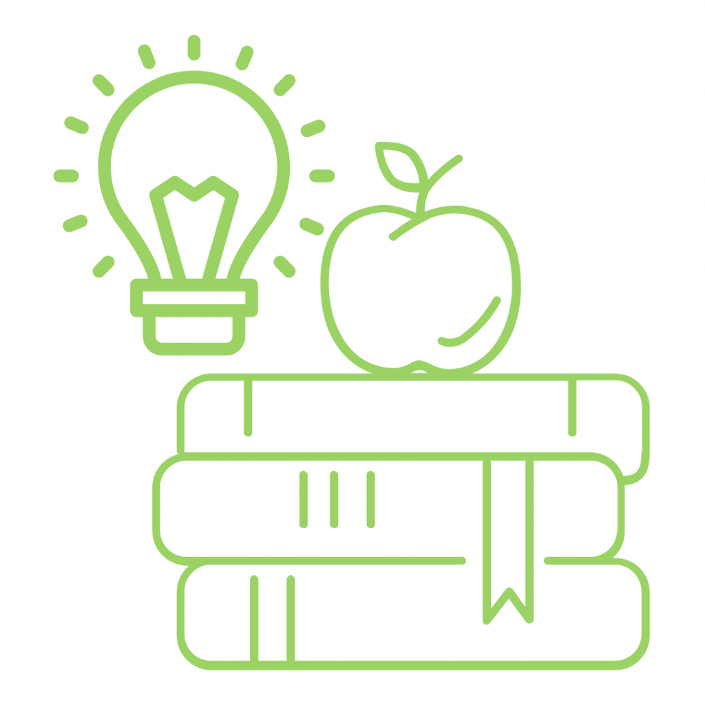 A light green line drawing showing a stack of three books with a bookmark in the top one. An apple with a stem and a leaf rests on the top book. Above the books, a lightbulb is shown glowing with light lines radiating from it. The elements represent education, knowledge, and new ideas.