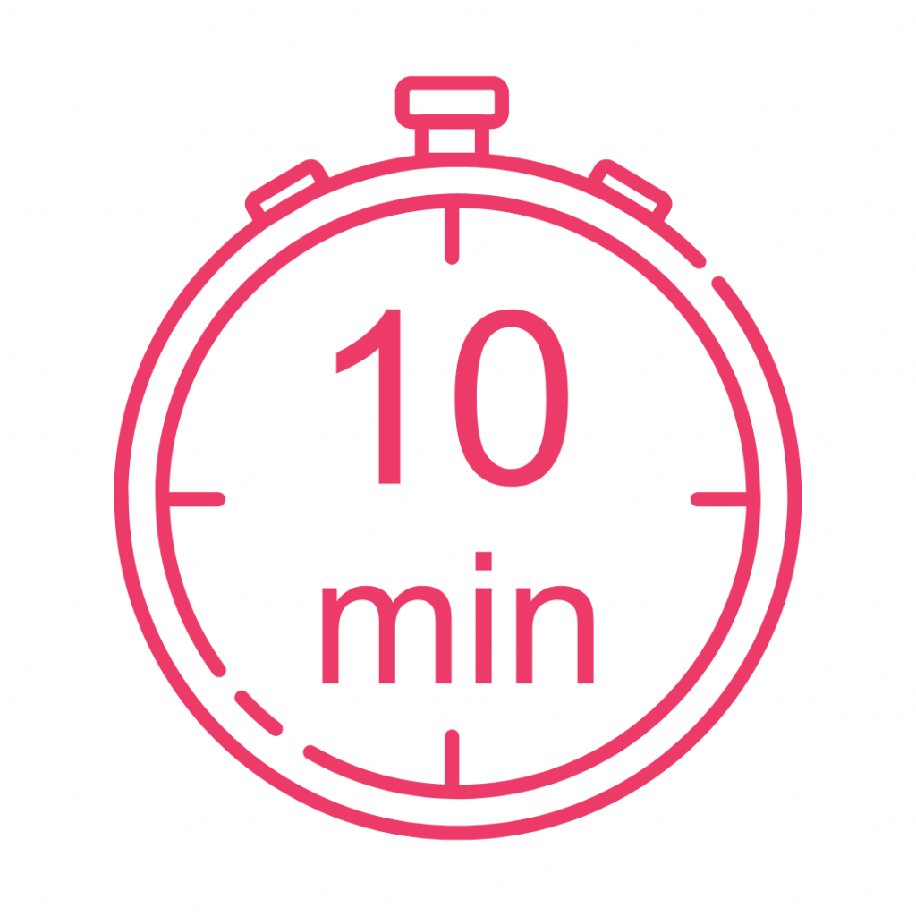 A bright pink line drawing of a stopwatch with the text "10 min" in the center. The stopwatch face has a hash mark at the top, representing the 12 o'clock position. The lines are dashed in some places, giving it a modern feel.
