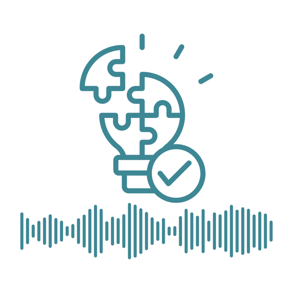 A blue-green line drawing of a lightbulb made of four puzzle pieces, one of which is separated from the top. The lightbulb is glowing with short lines radiating from it. A checkmark inside a circle is next to the base of the lightbulb. Below the lightbulb is a long, horizontal audio waveform. The image represents solving problems to find a solution or idea, with the audio waveform indicating a podcast or other audio content.