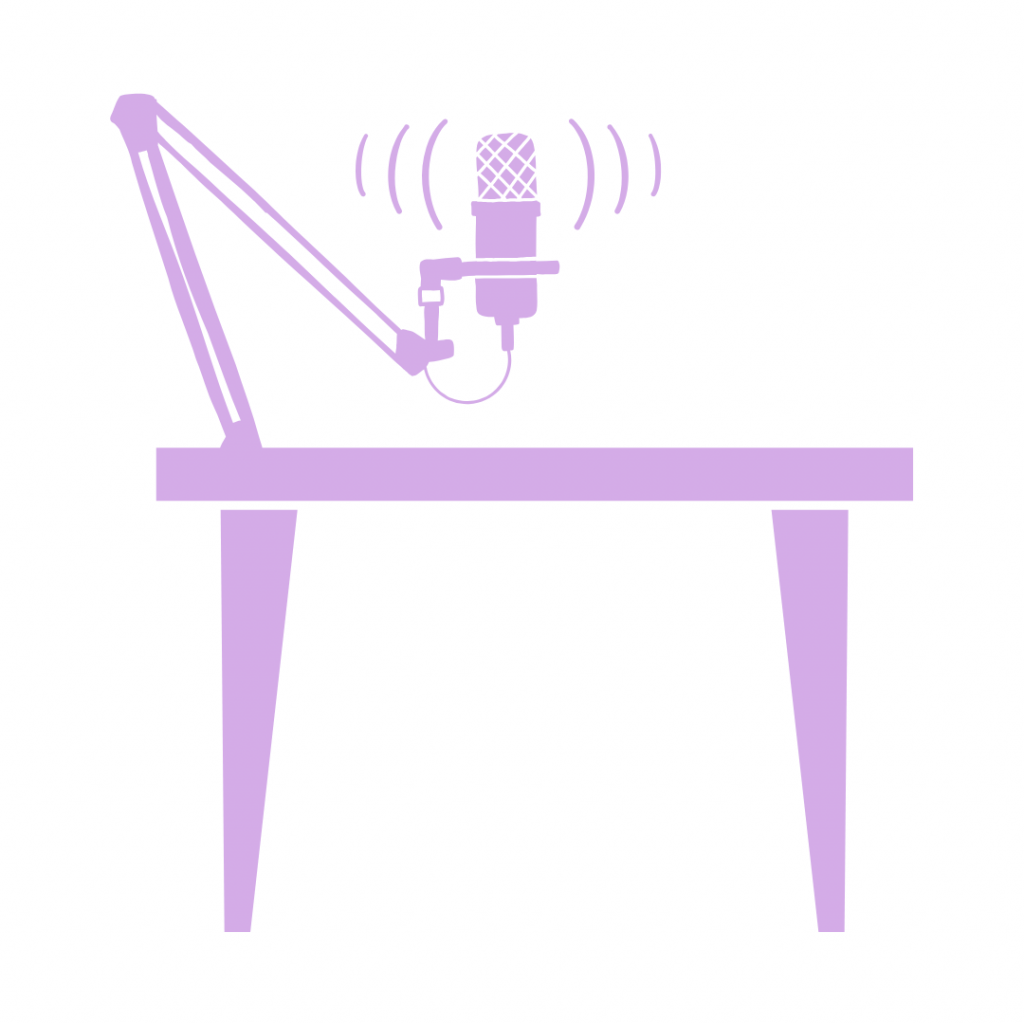 A solid, light purple silhouette of a studio podcast microphone mounted on a boom arm. The microphone sits on a desk. Arched lines radiate from the microphone, representing sound waves.