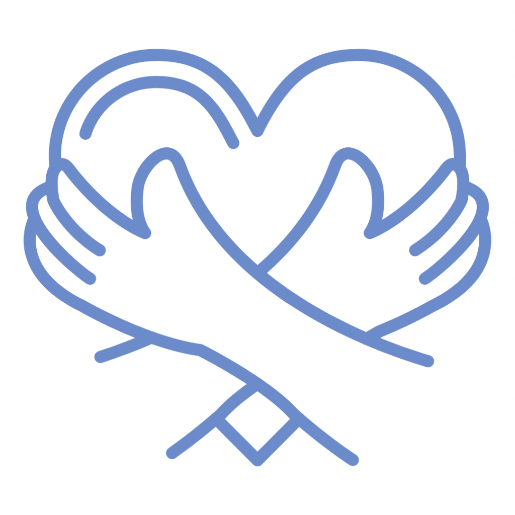 A simple blue line drawing of two hands holding a heart, symbolizing care, compassion, and love.