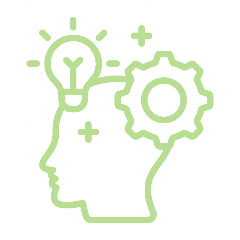 A pale green line drawing of a human head in profile. A glowing lightbulb is above the forehead, and a gear is where the brain would be. The image represents the concepts of thinking, new ideas, problem-solving, and a teacher's mental process.