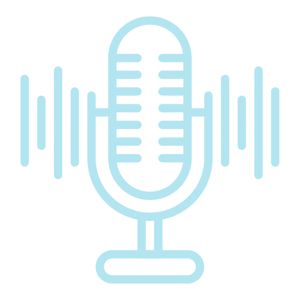 A pale blue line drawing of a retro-style microphone with vertical lines on either side representing sound waves. The image is a visual symbol for a podcast or other audio content.