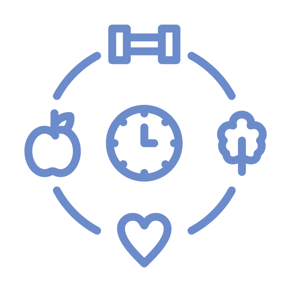 Blue line-art icon representing a daily routine or lifestyle balance, showing a circle of connected items around a clock. The items include a dumbbell (fitness), an apple (nutrition), a tree/plant (nature/environment), and a heart (wellness/self-care).
