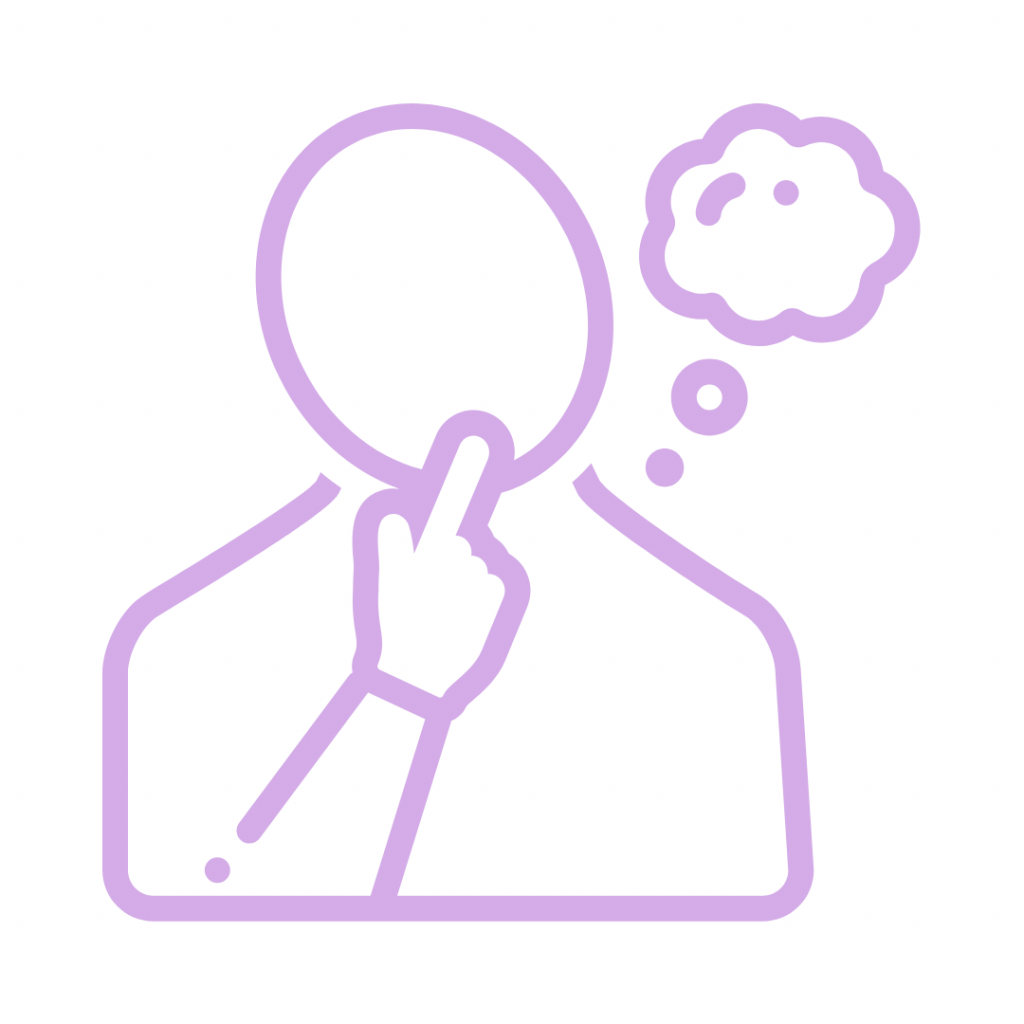 Lilac line-art icon of a person shown from the chest up, with their hand on their chin in a pensive pose, next to a thought bubble, symbolizing reflection, deep thought, or consideration.