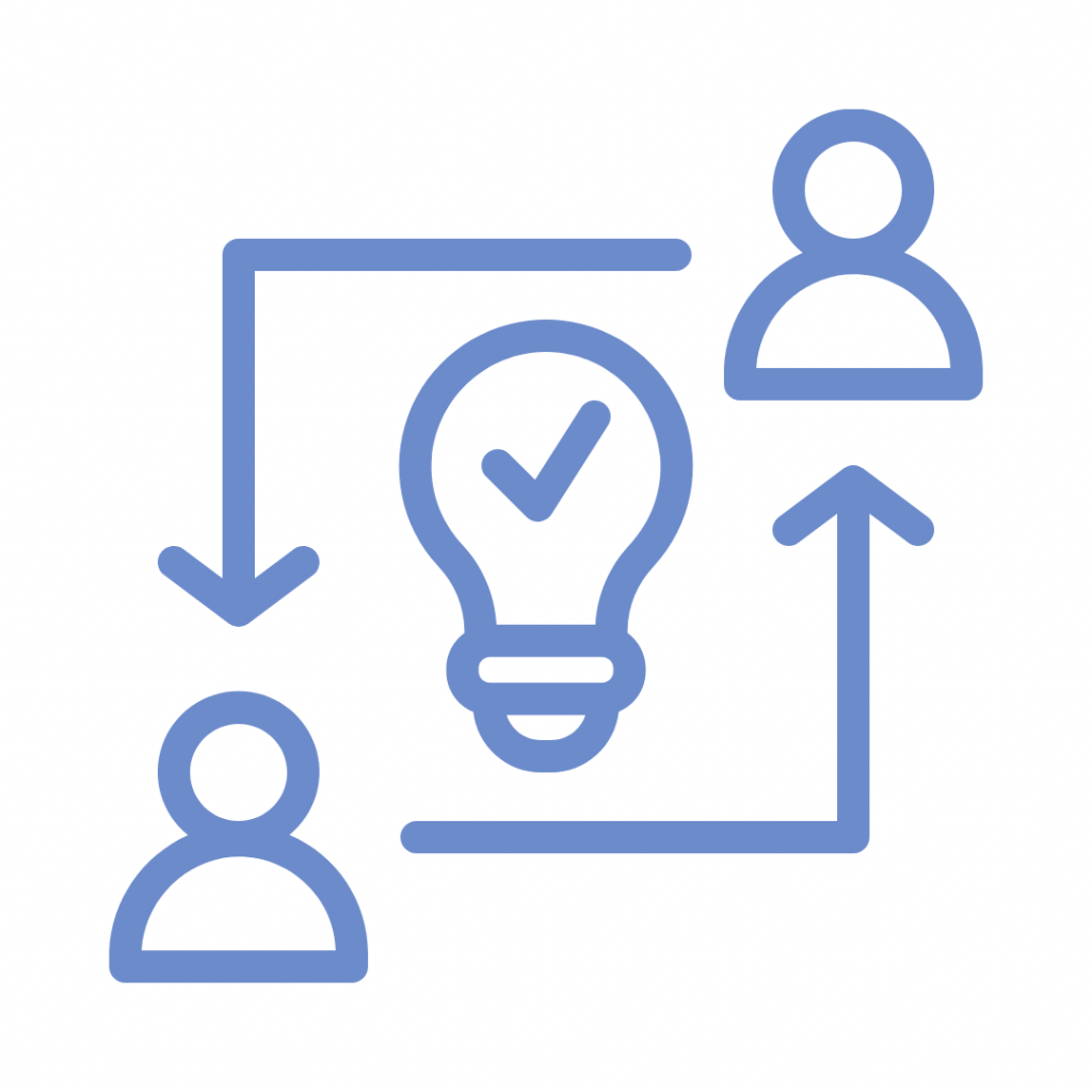 Blue line-art icon showing a flow of information or coaching between two people (represented by stick figures). An arrow goes from the top figure to a lightbulb icon (representing an idea or solution) and then a connecting arrow points back up to the top figure, symbolizing a feedback loop, shared learning, or tutoring process.