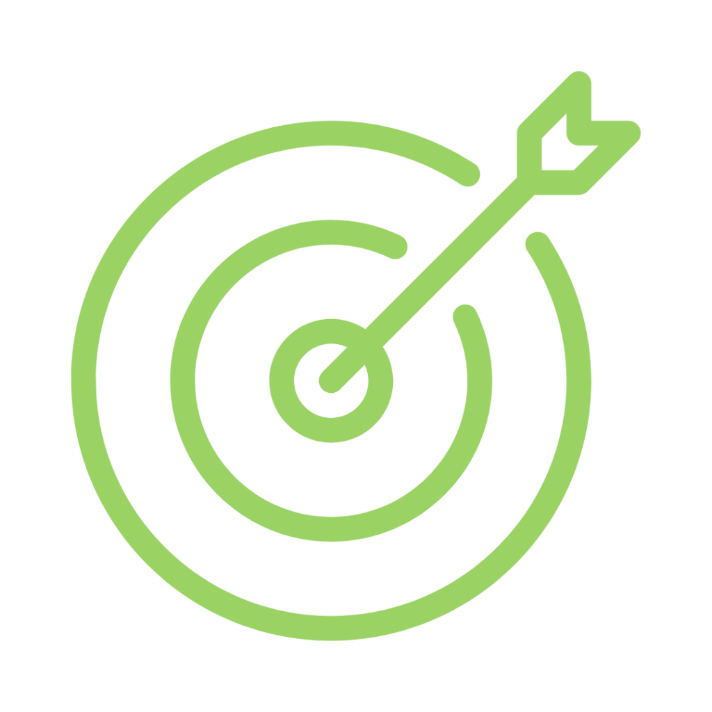 Green line-art icon of a bullseye target with an arrow hitting the exact center, symbolizing focus, accuracy, or achievement.