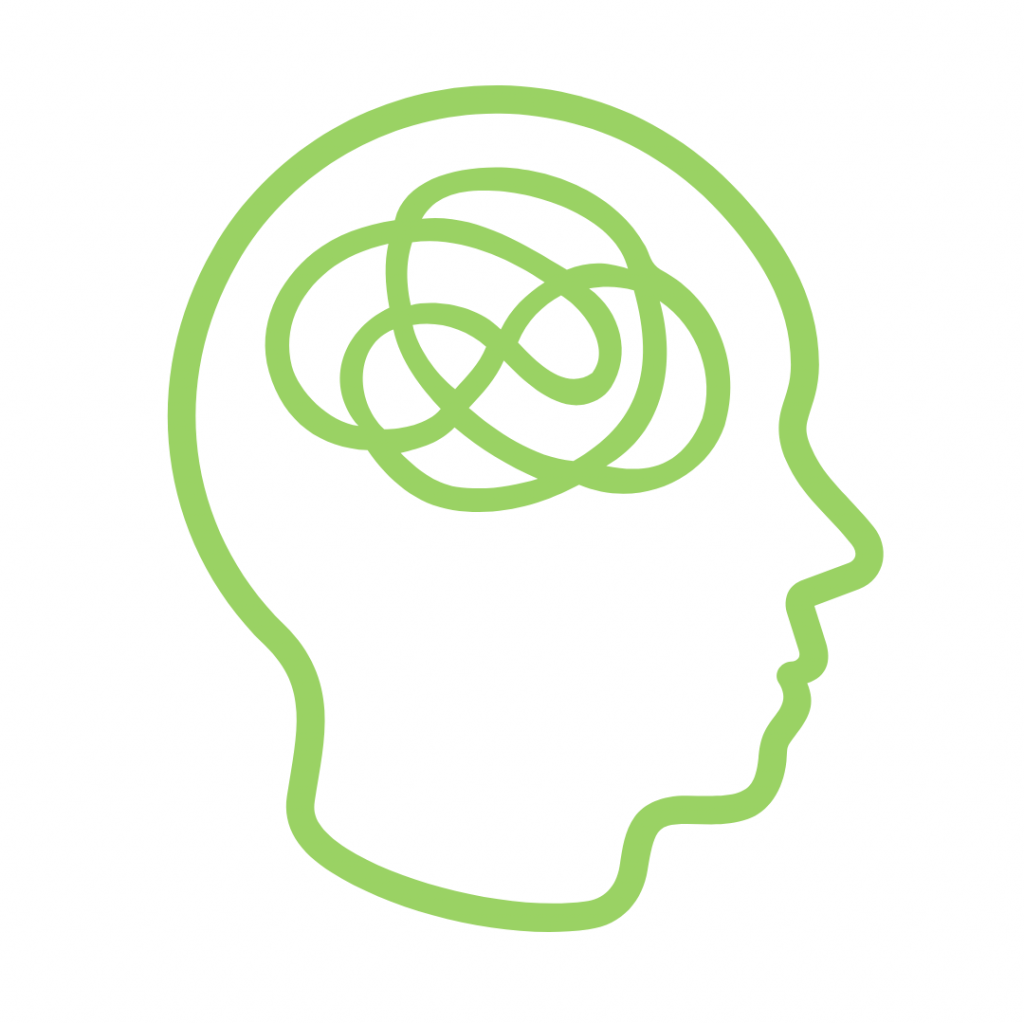 Green Icon showing the silhouette of a head with tangled, chaotic lines inside, symbolizing a stressed, confused, or anxious state of mind.