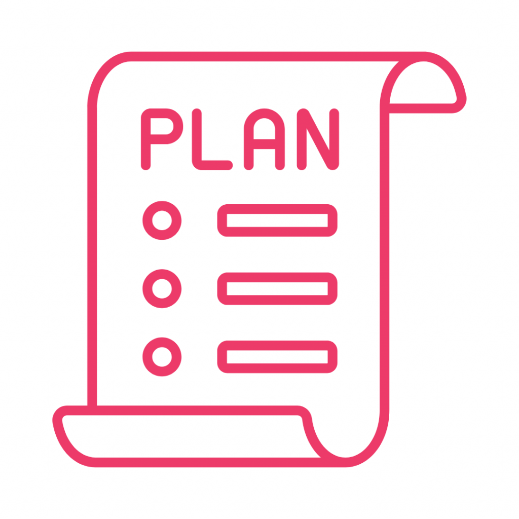 A pink outline icon of a scroll or paper with the word “PLAN” at the top and a checklist below it, symbolizing planning, organization, or goal setting.