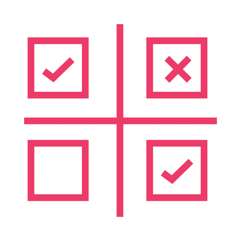 A pink outline icon of four boxes arranged in a grid, with check marks in two boxes and an X in one box, symbolizing task prioritization, decision-making, or evaluation.