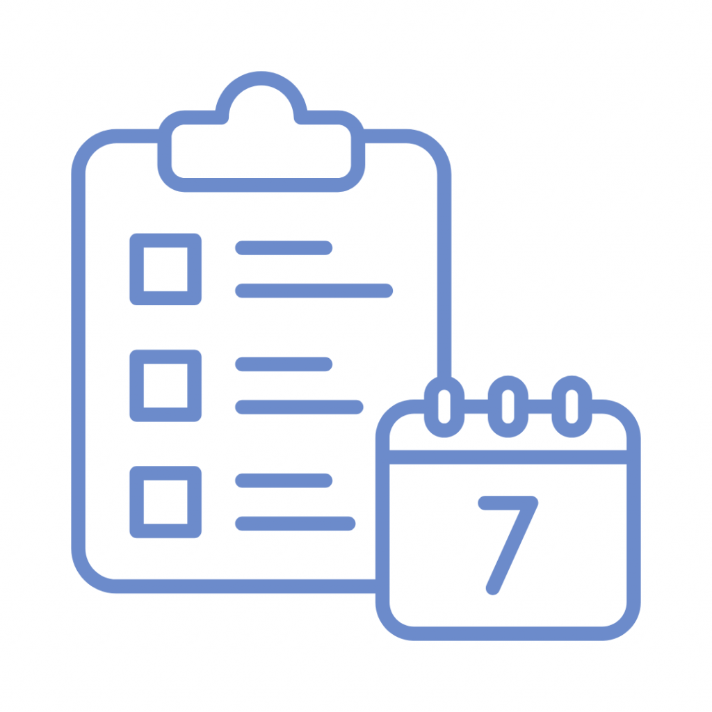 Blue line-art icon representing reflection and adjustment of plans, showing a clipboard with an incomplete checklist next to a small desk calendar displaying the number seven.