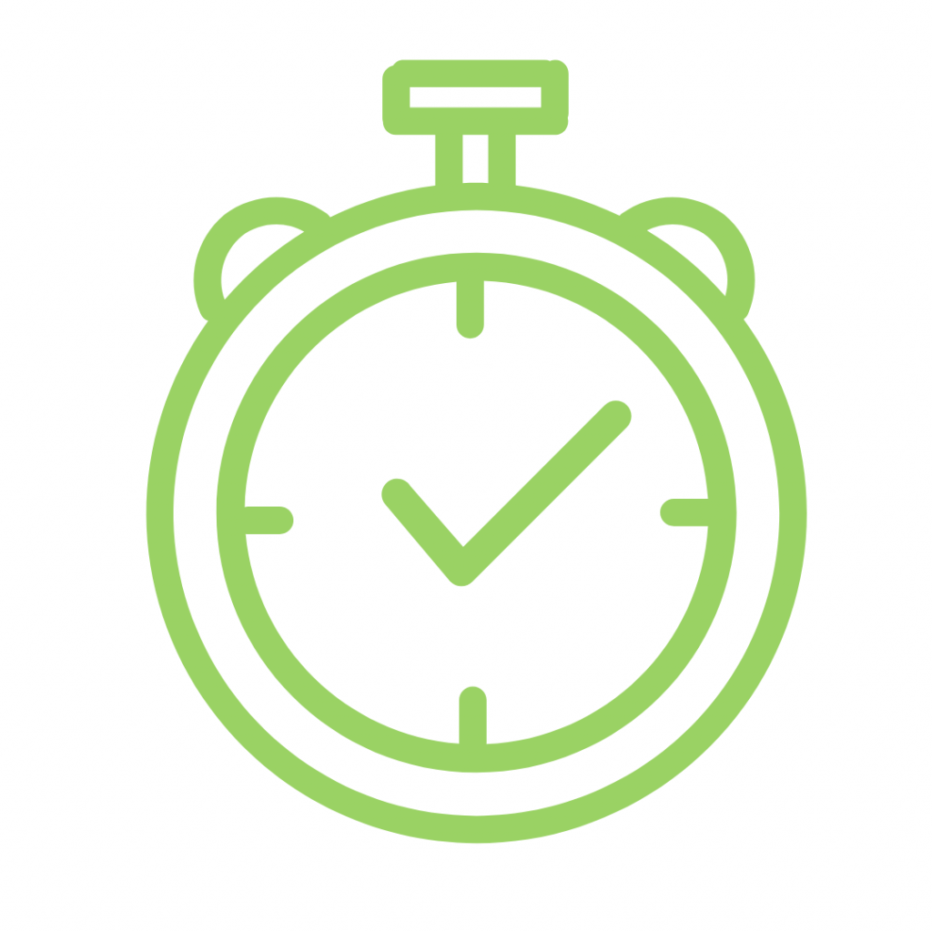 Green stopwatch icon with a circular face, tick marks at 12, 3, 6, and 9 o’clock positions, and a checkmark in the center of the clock. The icon has two small side buttons and a top button, symbolizing time management or meeting deadlines.