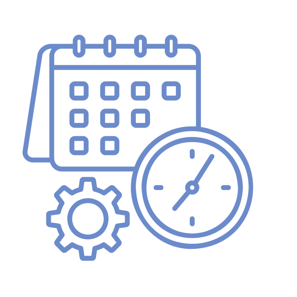 Blue line-art icon representing time management and scheduling, showing a desk calendar, an analog clock, and a gear to symbolize planning, structure, and productivity.