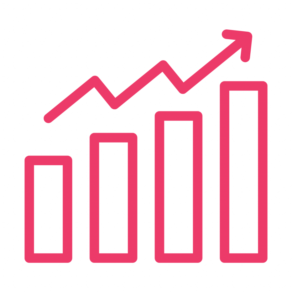 A pink outline icon of a bar chart with an upward trending line and arrow, symbolizing tracking progress, growth, and improvement over time.