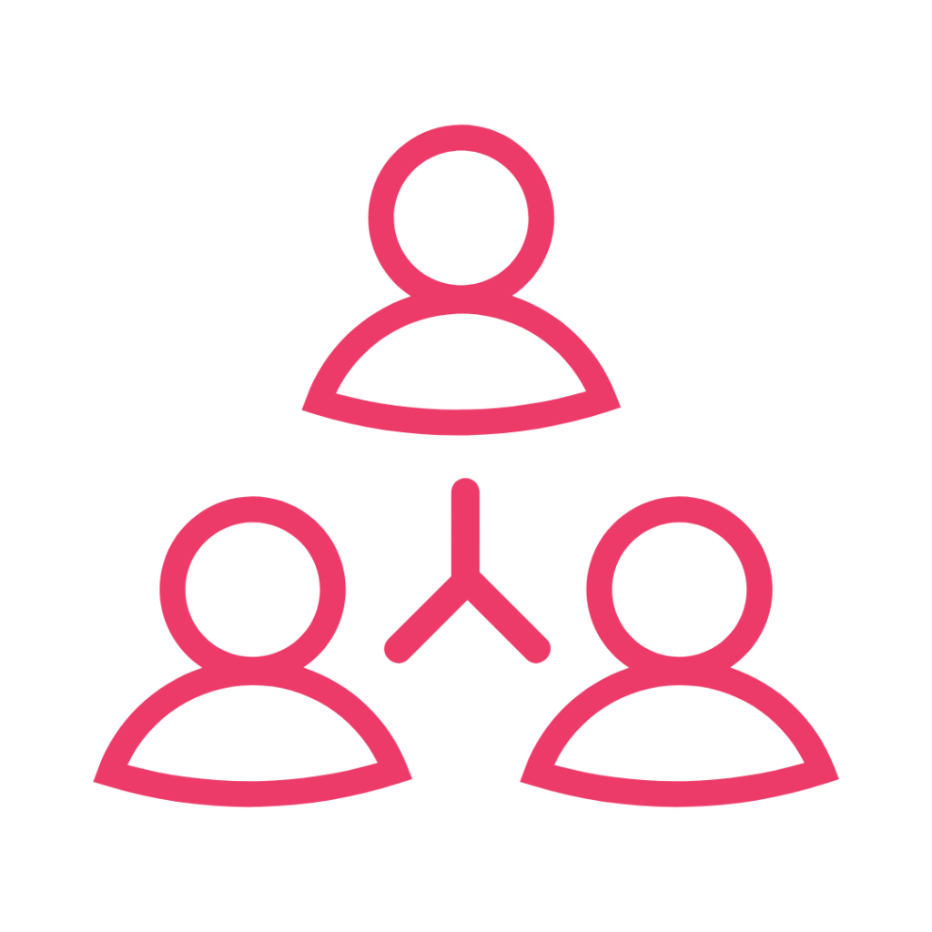 Three interconnected outline icons of people in a triangular arrangement, representing connection, collaboration, or teamwork. The icons are in a bold pink color on a white background.